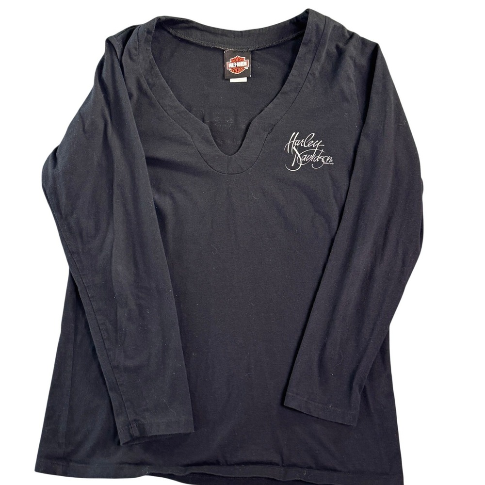 Harley Davidson Womens XL Black V-Neck Long‎ Sleeve Shirt Milwaukee USA 2007